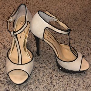 Nude Jessica Simpson Peep Toe T-Strap Pumps with Black and Gold Heel/Platform